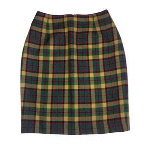 Plaid Wool Skirt Size XS  Pencil Vintage Schoolgirl Twee Preppy Green Red Gold